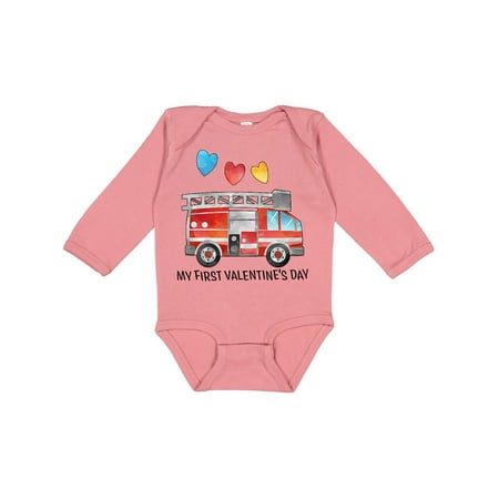 

Inktastic My 1st Valentine s Day Fire Truck with Hearts Gift Baby Boy or Baby Girl Long Sleeve Bodysuit