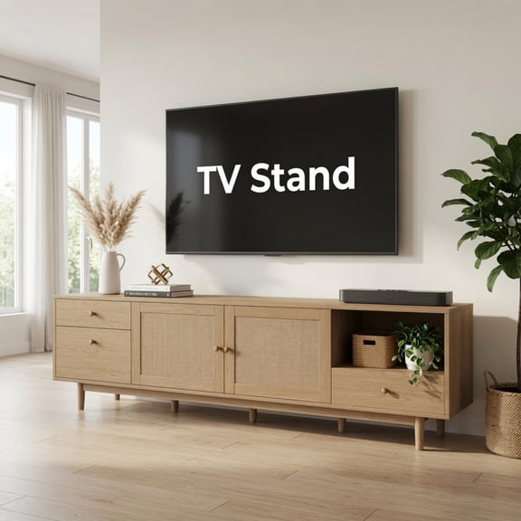 Boho TV Stand for 65, 75, 85 Inch TV, Entertainment Center with Open Storage and Drawers, Modern Wood Media TV Console with Real Rattan, Natural