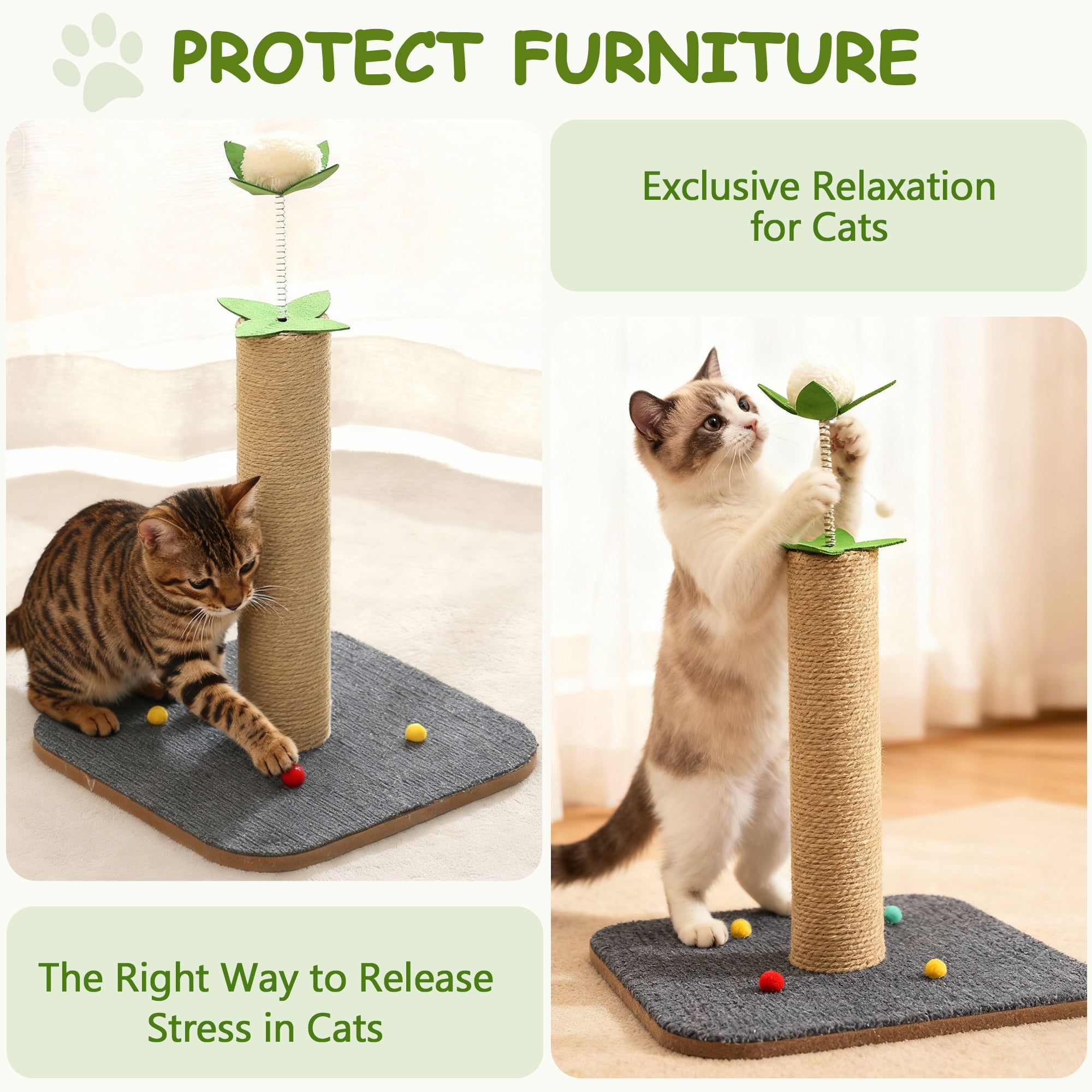 GARITIN Cat Scratching Post, 16'' Tall Cat Scratch Post for Indoor Cats, Kitten Post Scratcher for Interactive Play, Gray