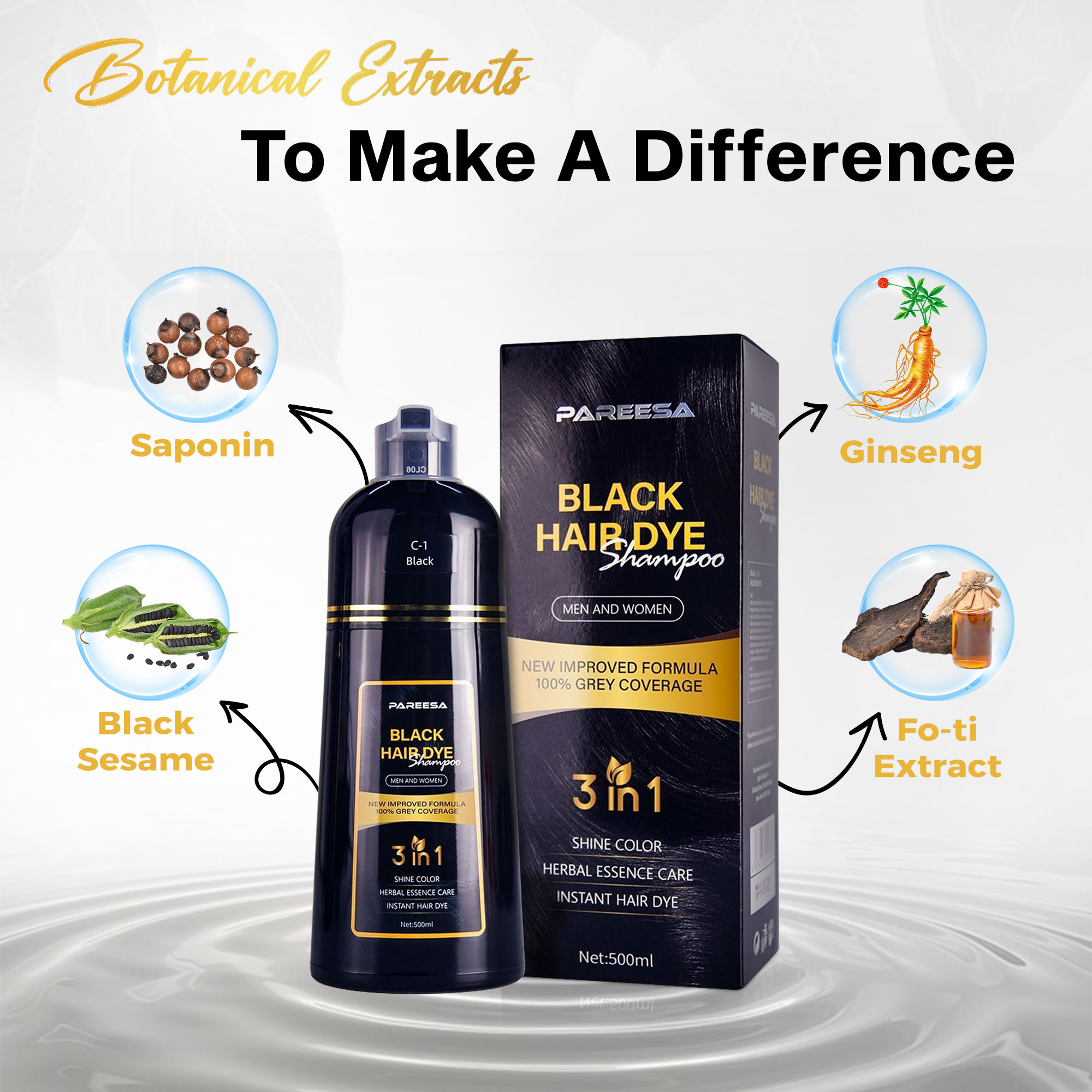 PAREESA Black Hair Dye Shampoo 3 in 1 for Grey Hair - Hair Color Shampoo for Women & Men - 500ML