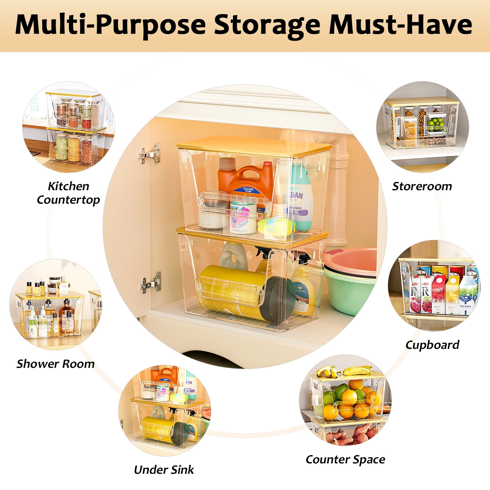 Potato Storage Bin, ORDORA Onion Holder Stackable Kitchen Pantry Organizer with Bamboo Lid 4 Pack, Clear