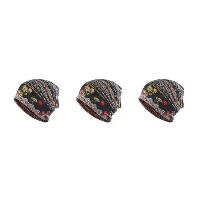 Maytalsory Bonnet Ethnique Style Hijab Imprimé Floral Coloré Turban Réglable Protection des Oreilles Accessoires de Style Bonnet Noir Floral 3Set