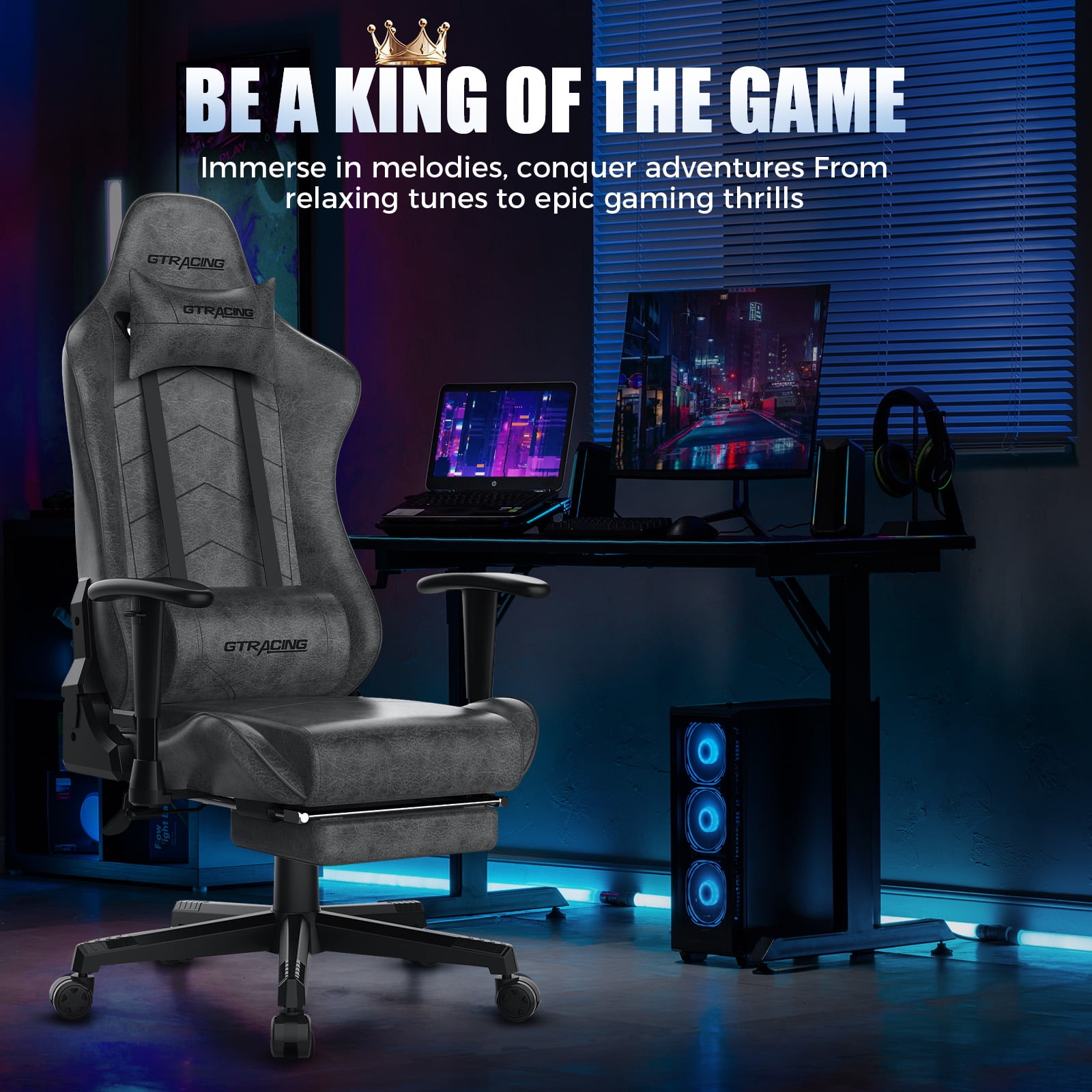 GTRACING High Back Racing Style Gaming Office Chair with Footrest and Adjustable Reclining Backrest, Gray