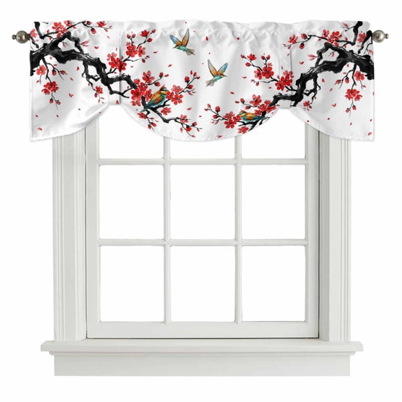 Spring Tie Up Valance for Windows, Oriental Traditional Red Plum Blossoms Birds Ethnic Adjustable Rod Pocket Tie Up Valance Curtains Window Treatment for Kitchen Bathroom Bedroom 60 X 18 Inch