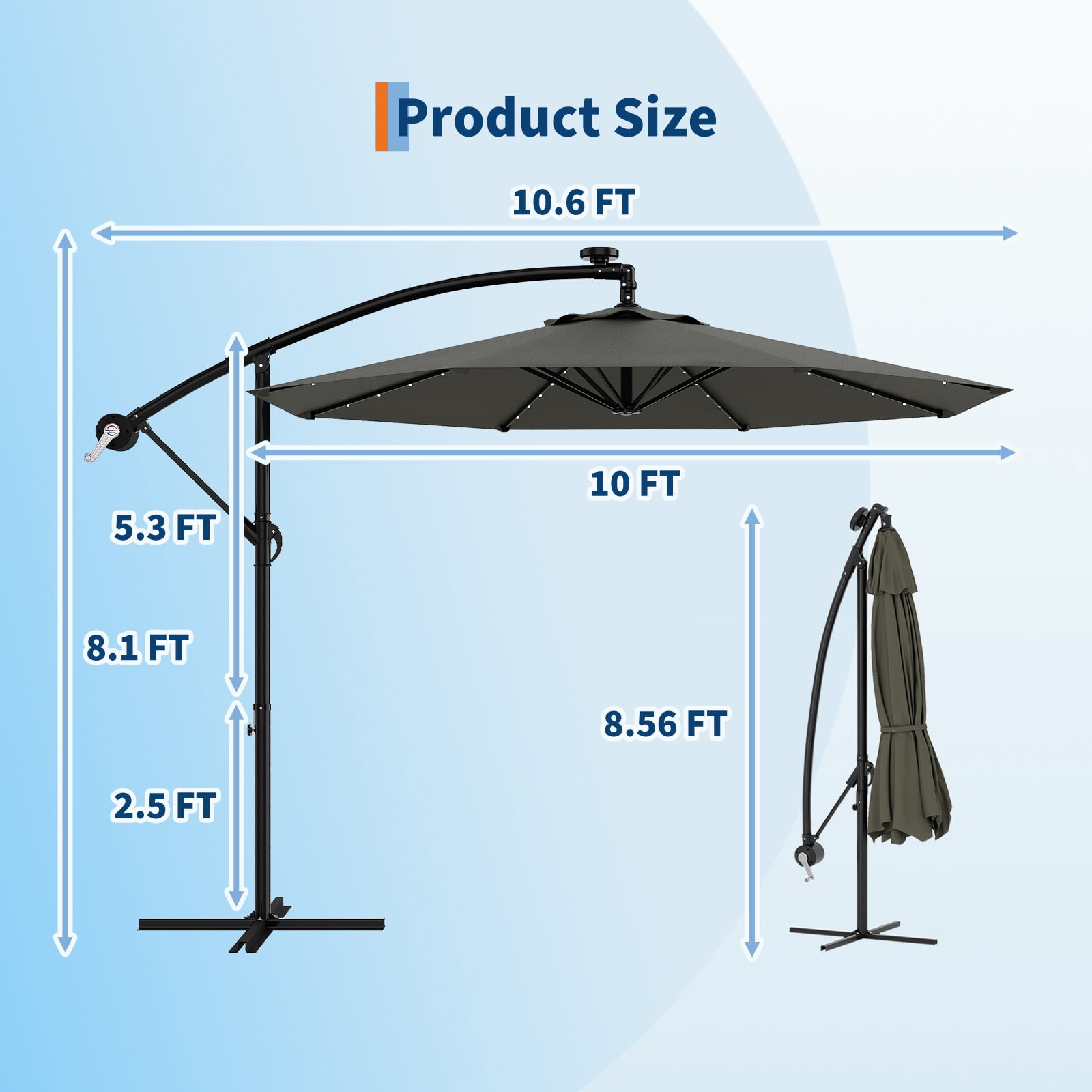 Wildbreak 10 ft Offset Hanging Market Patio Umbrella, with Solar LED, Easy Tilt Adjustment, Gray