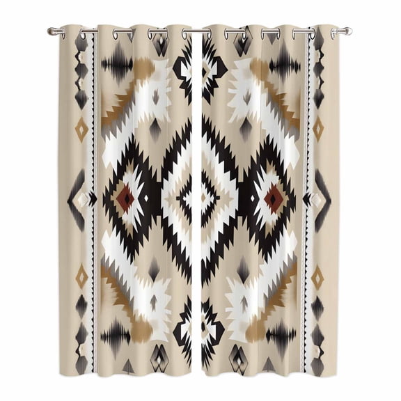Black Brown Boho Kitchen Curtains 96 Inch Length, Southwestern Geometric Ethnic Retro Grommet Top Bedroom Living Room Curtains, Light Filtering Cafe Curtain Drapes 2 Panels Set 104''x96''