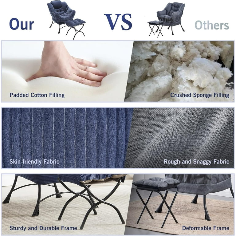 MOONMISS Corduroy Oversized Lazy Chair Set of 2 with Ottoman, Navy photo 3