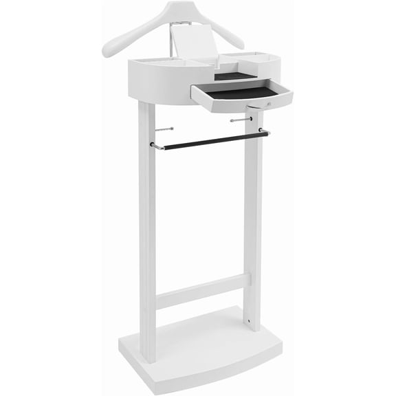 Men's Wood Valet Stand, Freestanding Clothes Stand with Drawer ＆ Sturdy Base, Suit Hanger Stand for Office Living Room Bed Room (White)