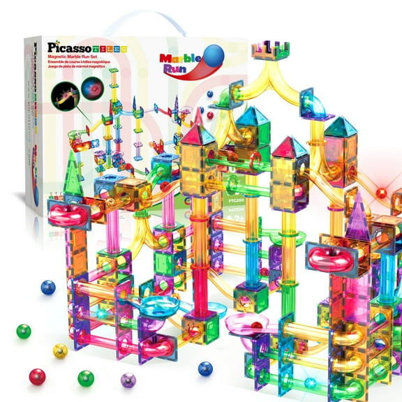 PicassoTiles Marble Run Magnetic Tiles for Kids – 200PCS STEM Educational Construction Building Blocks Race Track Toy Set