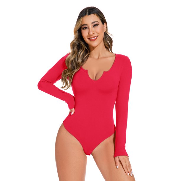 Reoria Womens Bodysuit Sexy V Neck Long Sleeve Slimming Thong Tops Reds 2xl 