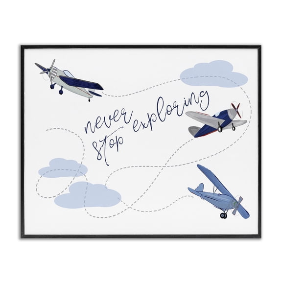 Stupell Industries Transitional Never Stop Exploring Airplanes Black Framed Giclee Art, 14 x 11, by Sweet Pea Studio