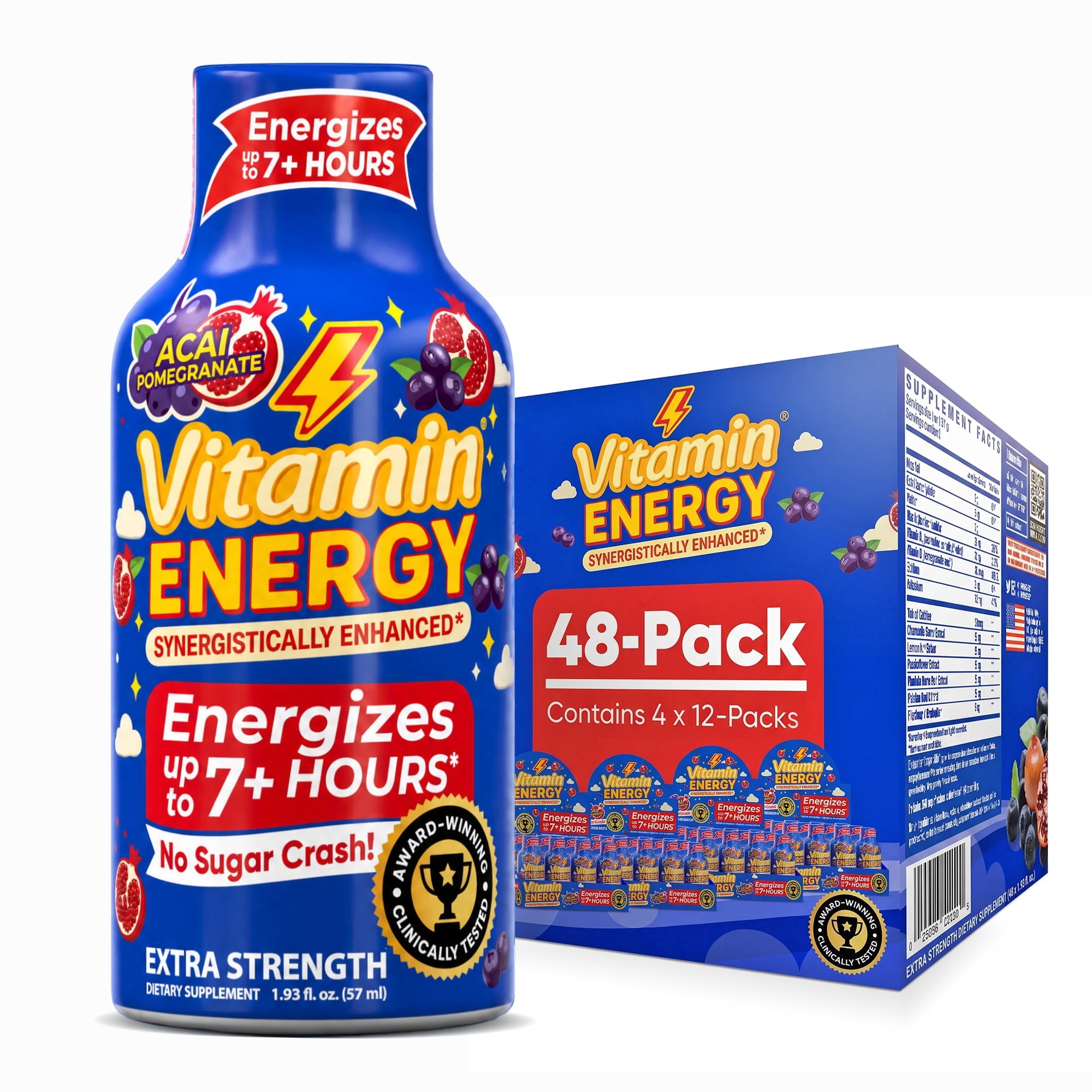 Vitamin Energy Acai Pomegranate Extra Strength Energy Shot, 48 Pack - 260mg Natural Caffeine, 11,000% DV B12 + Taurine, Zero Sugar, 1.93 fl oz
