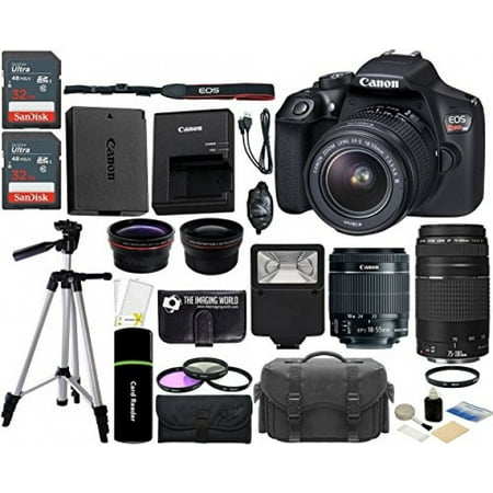 - Canon EOS Rebel T6 18MP Wi-Fi DSLR Camera with 18-55mm IS II Lens + EF 75-300mm III Lens + 2x SanDisk 32GB Card + Wide Angle Lens + Telephoto Lens + Flash + Grip + Tripod - 64GB Accessories Bundle