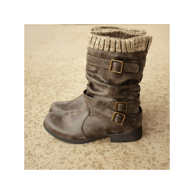 Bellella Ladies Mid Calf Boot Buckle Strap Riding Bootie Pull On Slouch Boots Fashion Winter Shoes Office Booties Gray 6.5