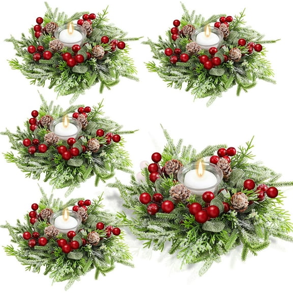 4 Pcs Christmas Candle Rings Wreath Xmas Kitchen Cabinet Mini Wreath Artificial Berries Snowy Pine Candle Ring Holder for Christmas Chandelier Home Table Centerpiece Indoor Decor