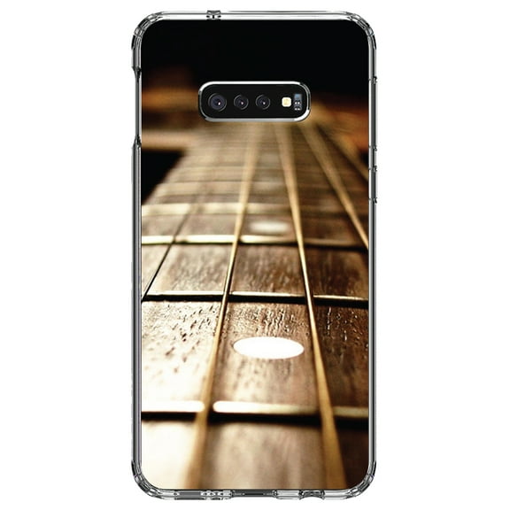 DistinctInk Clear Shockproof Hybrid Case for Samsung Galaxy S10e (5.8" Screen) - TPU Bumper, Acrylic Back, Tempered Glass Screen Protector - Guitar Strings Neck