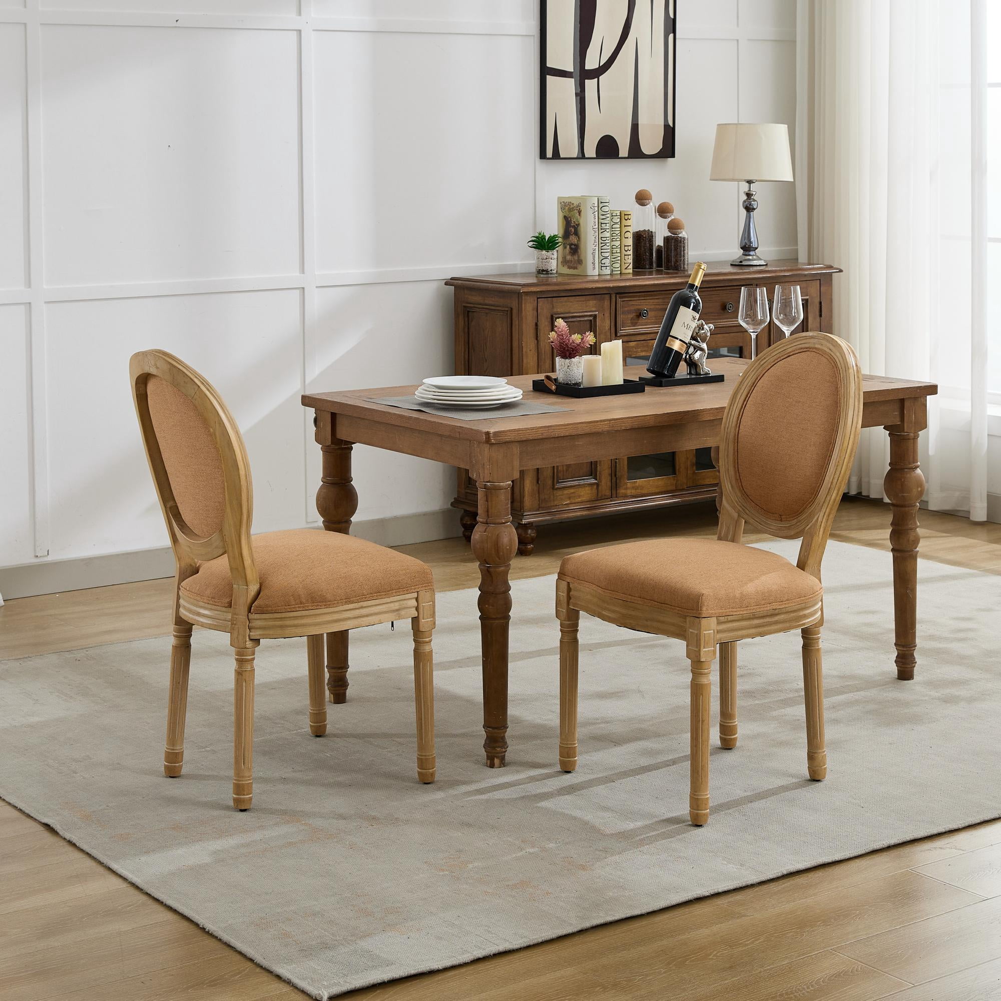 MAYEERTY French Style Dining Chair - Solid Wood Frame, Antique Painting, Linen Back, Tan, Set of 2