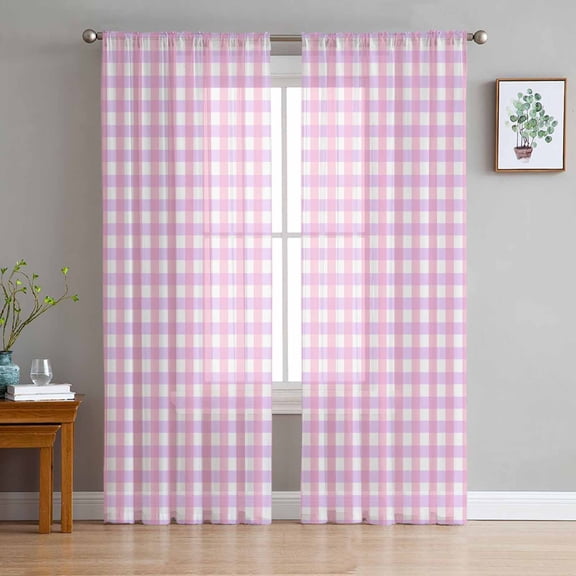 Pink Grid Semi Sheer Curtains 84 Inch Length 2 Panels Set, Checkered Plaid Gingham Lattice Trellis Print Sheer Kitchen Curtain Privacy Voile Window Curtain for Living Room Bedroom Rod Pocket Drapes