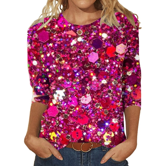 Bramtres T-Shirts pour Femmes T-Shirts Graphiques T-Shirt à Sequins Design Trois Manches Col Rond Haut de Mode Hauts d'Été pour Femmes Hauts pour Femmes Rose Vif 5TG