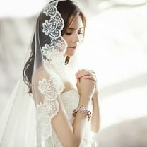 Elegant 1 Tier Lace Applique Edge Fingertip Wedding Bridal Veil - White, 4.9ft
