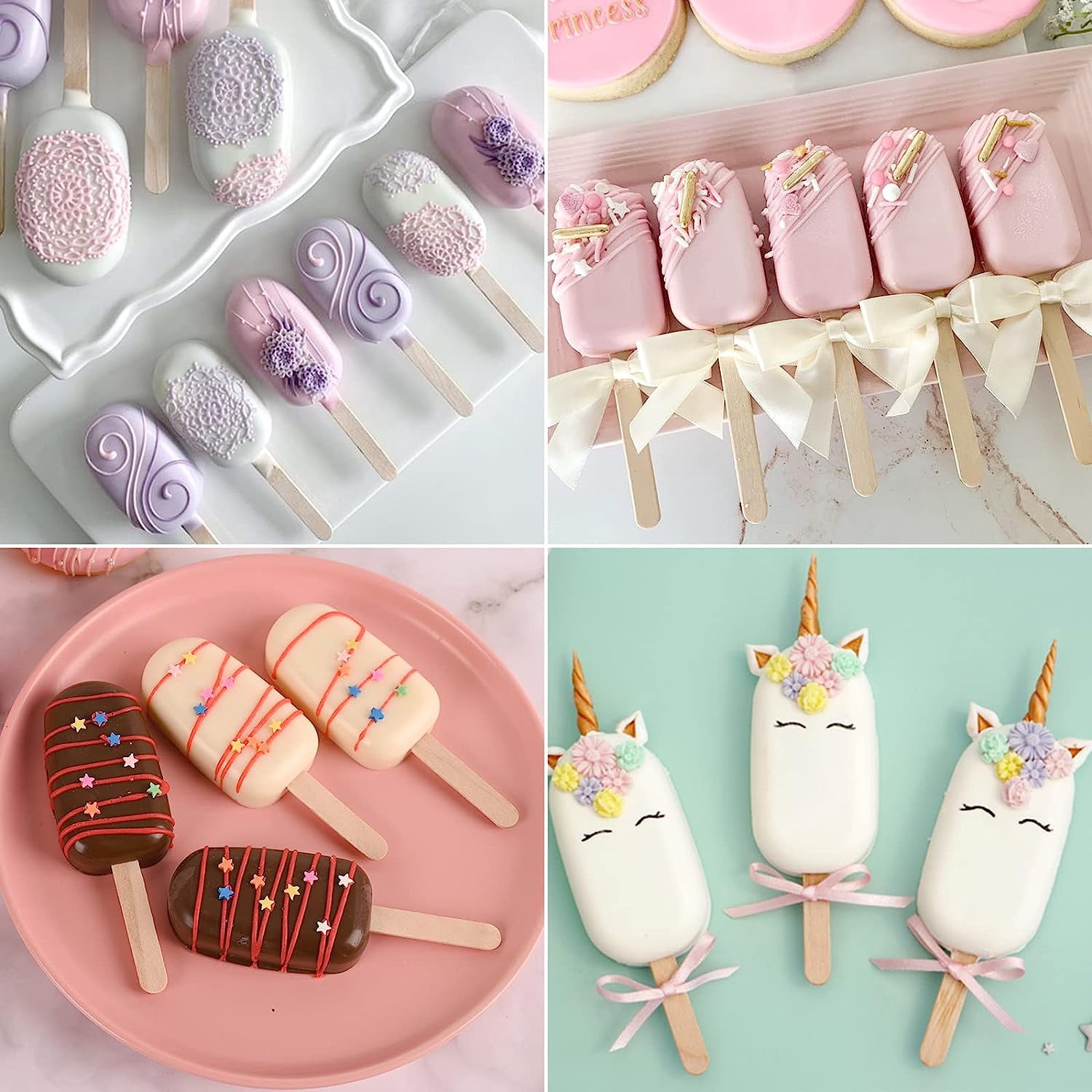 Holzlrgus Popsicle Silicone Molds Set, 2 PCS Ice Cream Molds with 50 Wooden Sticks for Cake Pop, Ice Pop, Cakesicles, (Standard Size/White)