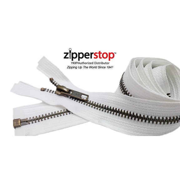 Zipperstop Wholesale Authorized Distributor Ykk 27" Inch Medium Weight Jacket Zipper Ykk #5 Antique Brass ~ Separating ~ 501 White (1 Zipper/Pack) Crafter'S Special