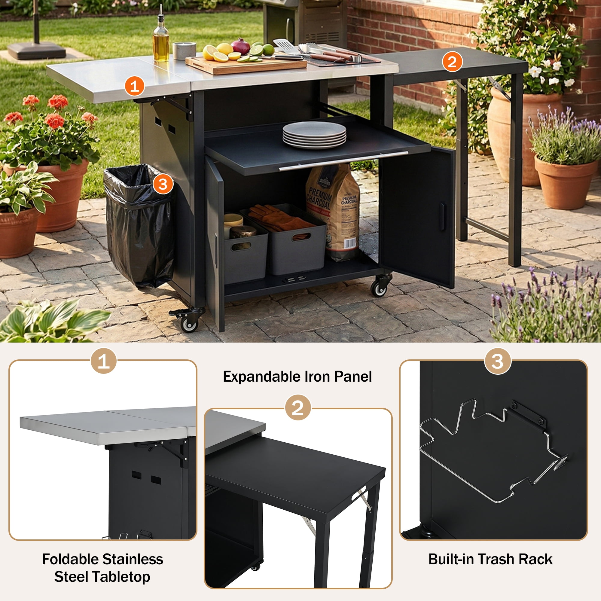Foldable BBQ Prep Cart, Outdoor Patio Dining Serving Cart with Trash Rack for Backyard, Black