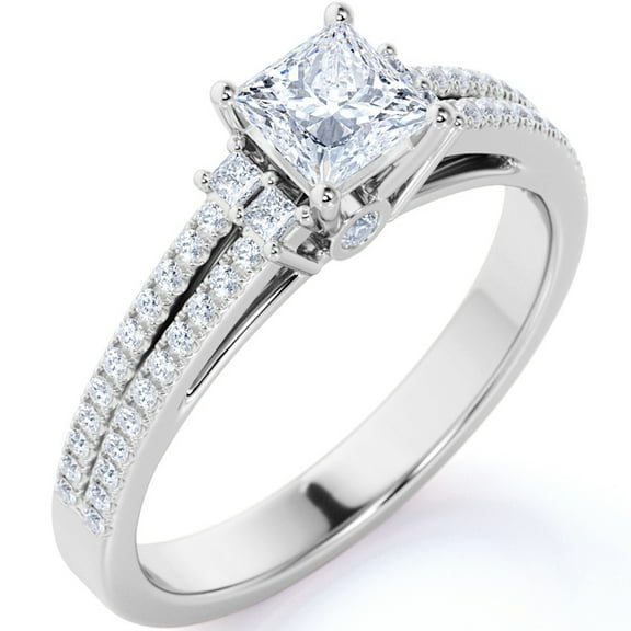 JeenMata Stunning 1.25 Carat Princess Cut Moissanite - Pave Ring - Antique Ring - Double Band Engagement Ring - 18K White Gold over Silver