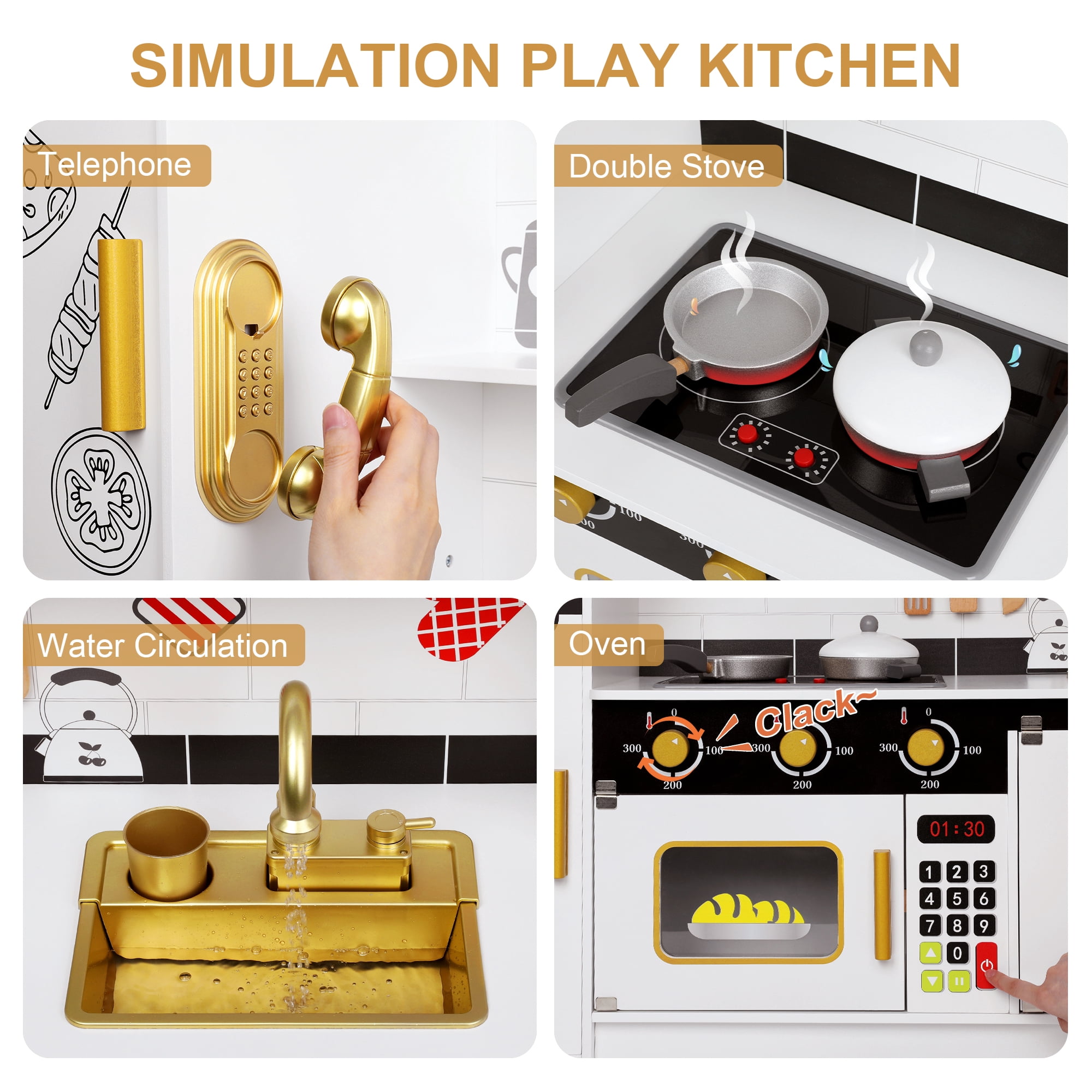 Wisairt Pretend Play Kitchen Set, 43.7" Extra Long Wooden Play Kitchen for Kids w/ Chef's Costume, Telephone, Stove, Sink, Oven, Realistic Lights Sounds - White & Gold