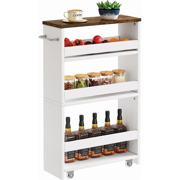 Slim Storage Cart 5.9" W, Rolling Organizer Trolley for Small Spaces, 4-Tier Laundry Cart with Handle, Slide Out Utility Cart for Kitchen, Living Room, Laundry,Narrow Places,White WST005W