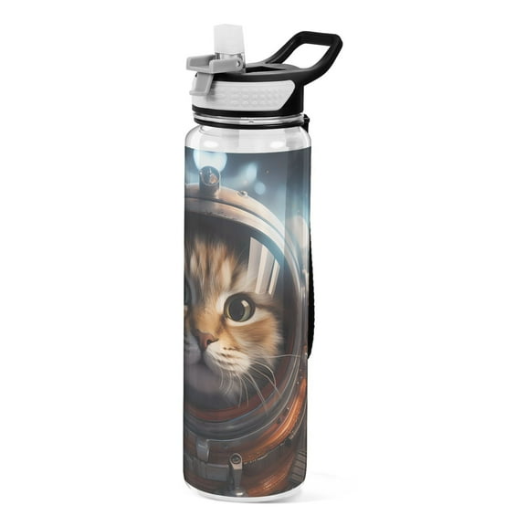 Orange Cat Astronaut Sports Water Bottle Portable Travel Mug 32oz BPA Free Leak Proof Straw Transparent Tritan for Gym Yoga Cycling Camping