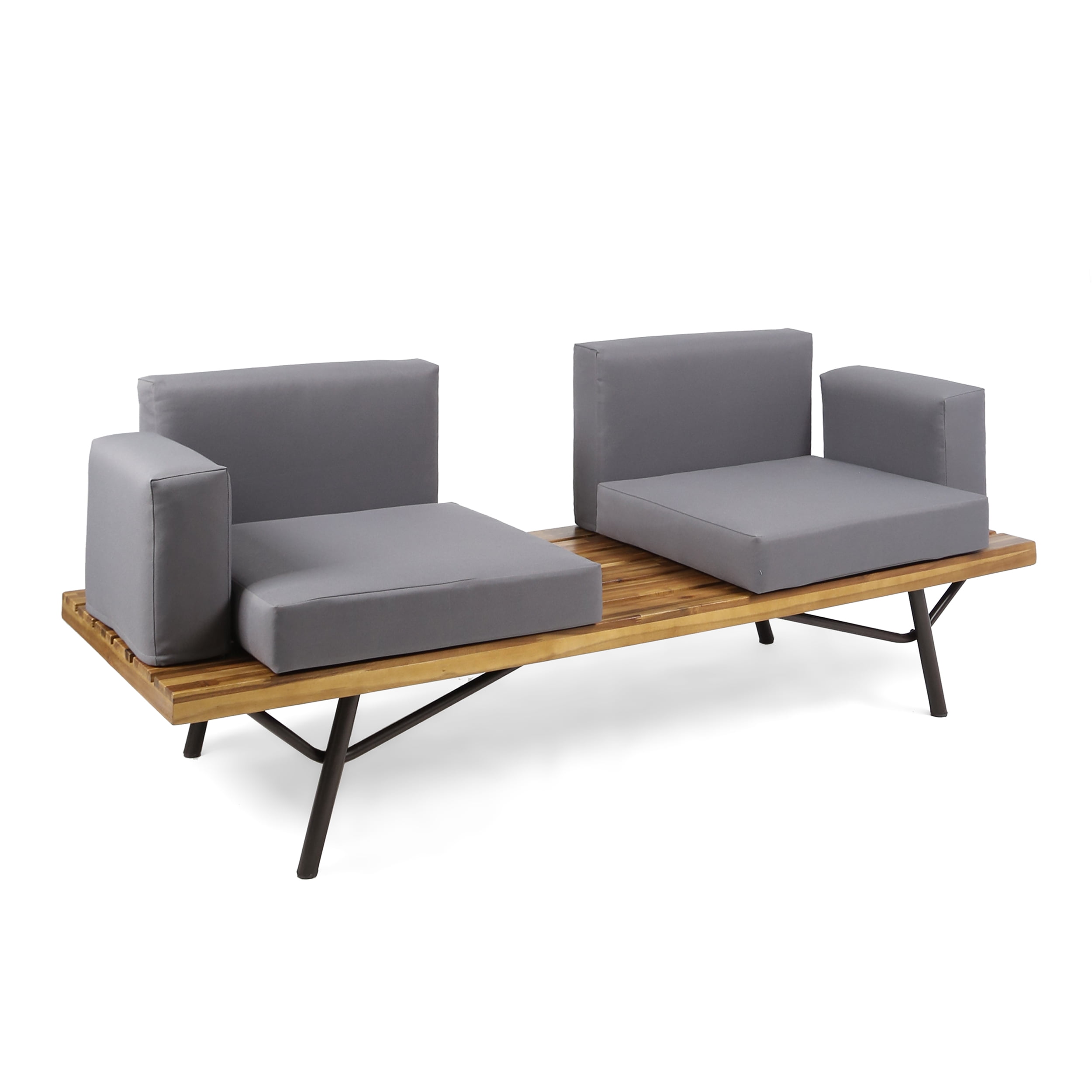 Outdoor 2 Seater Sofa, Acacia Wood Frame with Metal Legs Leisure Couch for Patio Garden, Teak and Dark Gray