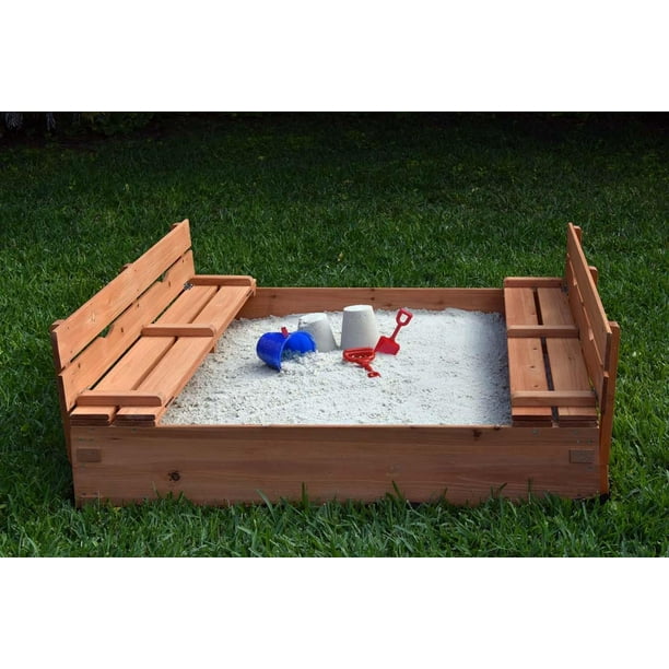 Kids Cedar Sandbox, Wooden sandbox with 2 Foldable Benches by Naomi