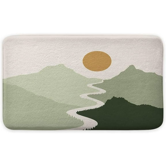 Sage Green Bath Mat, Sun Forest Mountain Nature Landscape Bath Rug, Boho Mid Century Non Slip Bathroom Rug, Bathroom Decor 17x30 Inch