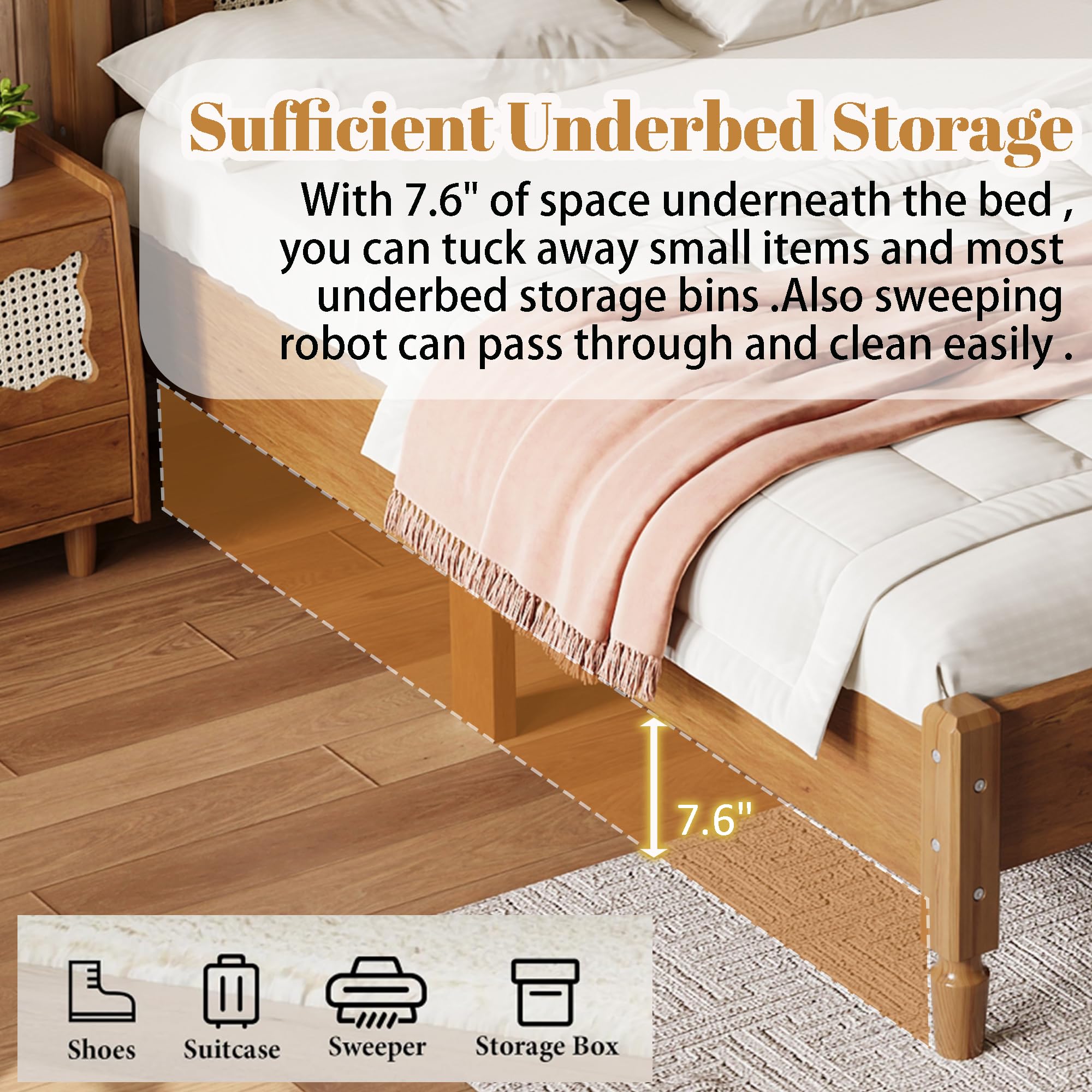 Aukfa Solid Wood Full Size Bed Frame with Natural Rattan Headboard, Walnut