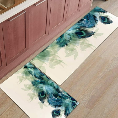 Pea Feather Kitchen Rugs Set 2, Turquoise Blue Kitchen Rugs