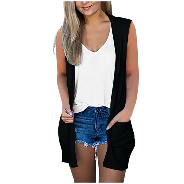 Chaleco sólido a la moda para mujer, abrigo estampado, cárdigan sin mangas, blusa informal holgada, paquetes, Tops Pompotops qwe18241
