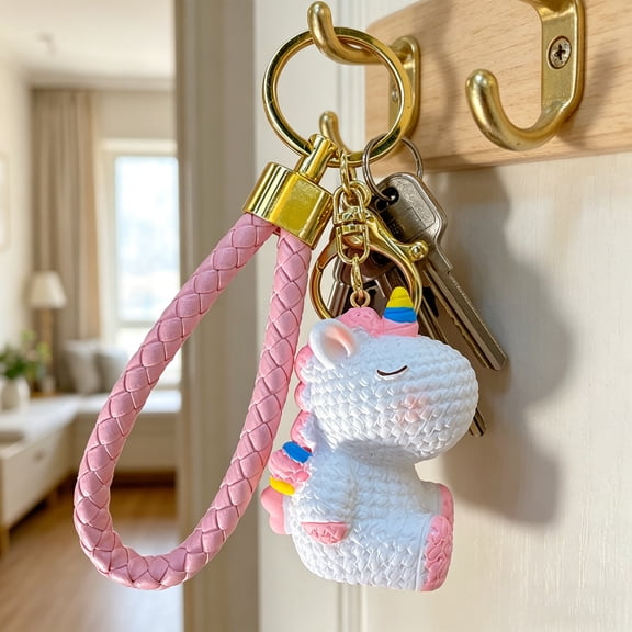 SmartBy Keychain Pendant Resin Rainbow Unicorn Charm Key Holder with Braided Rope School Bag Hanging Ornament Key Accessory