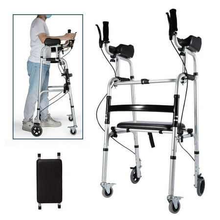 Stand Upright Walker with Handbrake, Stand Up Rollator Walker with Seat and Wheels, Padded Armrests Standard Walker,Height Adjustable Rolling Walker for Seniors, Foldable 4 Wheels Walkers + Seat