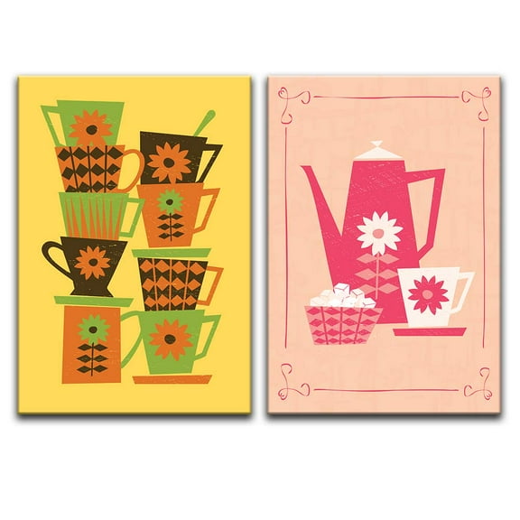 wall26 - 2 Panel Canvas Wall Art - Hand Drawn Coffee Theme Bottle and Cups - Giclee Print Gallery Wrap Modern Home Art Ready to Hang - 16"x24" x 2 Panels