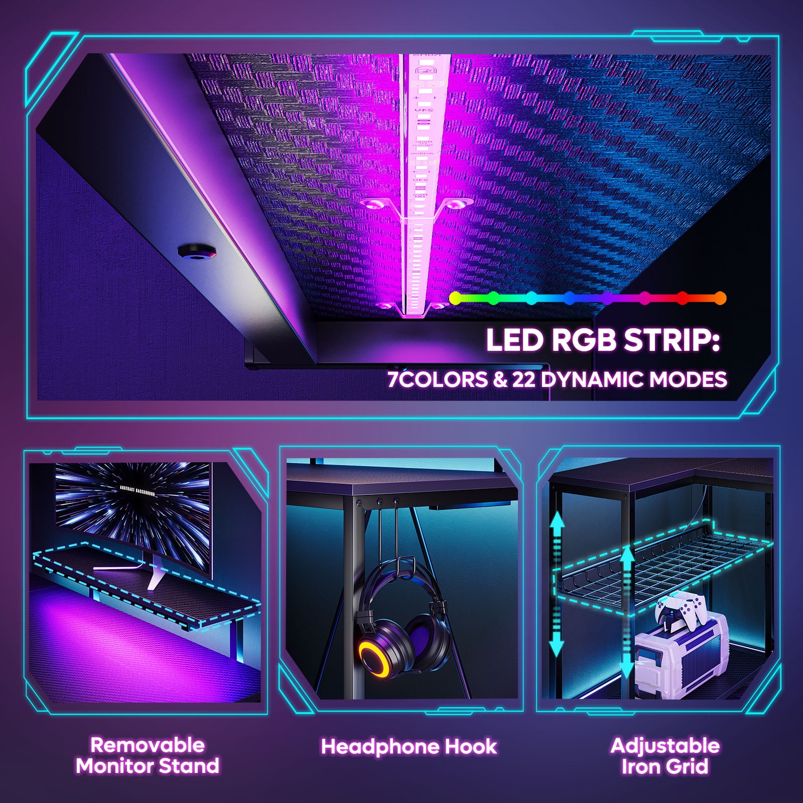 Bestier 52" Gaming Desk with LED Lights L Shaped Desk with Power Outlet & Monitor Stand Corner Computer Desk in Carbon Fiber