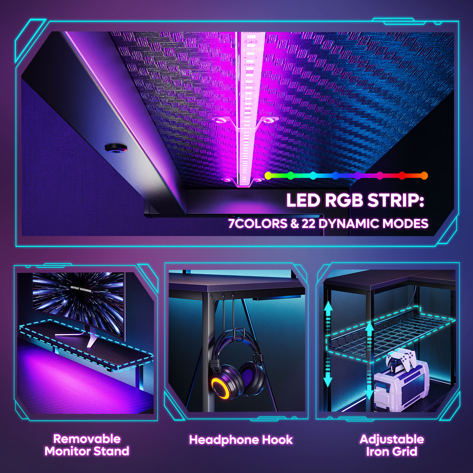 Bestier 52-Inch L-Shaped Gaming Desk with RGB LED Lights photo 2