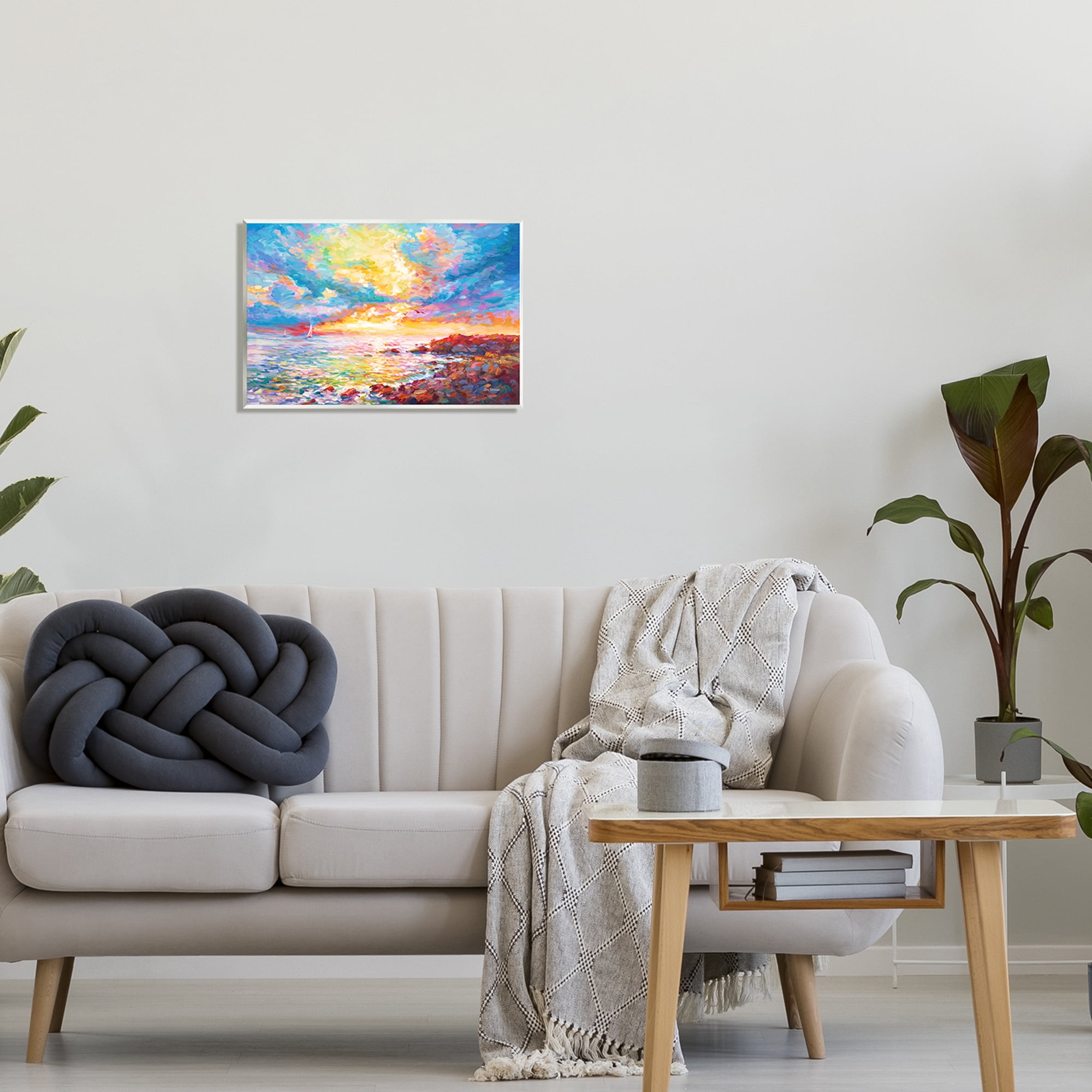 Stupell Industries Mediterranean Sunset Ocean Coast Landscape Painting Unframed Art Print Wall Art, 19 x 13