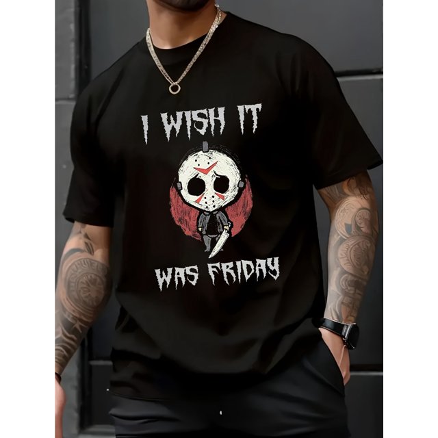 Men'S Cotton T-Shirt with "I Wish It Was Friday" Print, Casual Crew Neck, Short Sleeve, Slight Stretch, Knit Fabric, 180gsm, for Hiking & Outdoor, Sports, Weekend - Black, Casual Sporty Tee