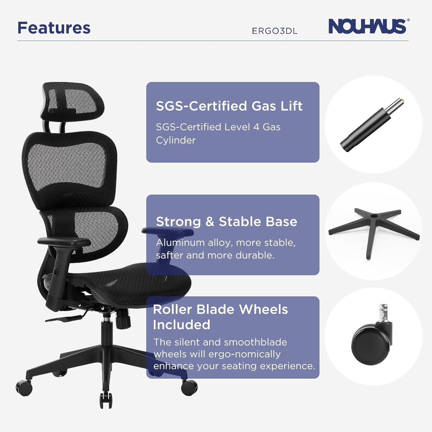 NOUHAUS Ergo3DL Ergonomic High-Back Mesh Office Chair with Adjustable Headrest, Lumbar Support, and Armrests, Black