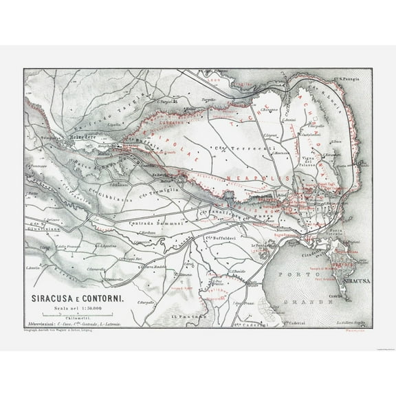 Historic Map - Syracuse Province Italy - Baedeker 1880 - Vintage Wall Art