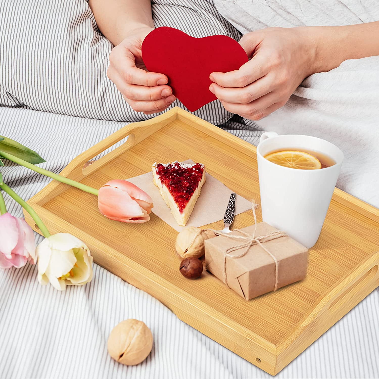2-Pack Adjustable Height Bamboo Bed Trays - Foldable Lap Desks For Eating In Bed Or Sofa