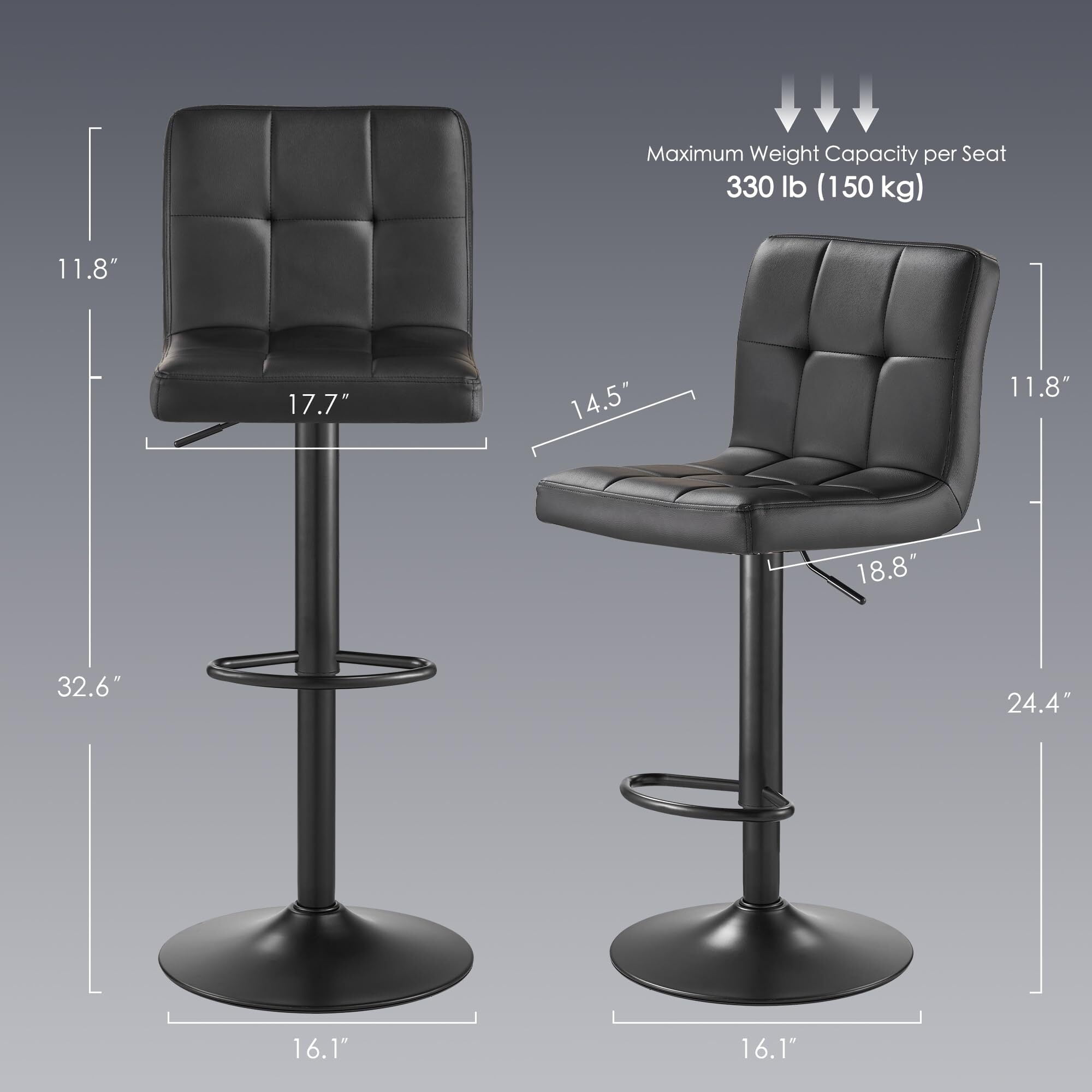 AUNEKIV Bar Stools Set of 2, Thickened Seat Cushion Square Swivel Bar Stools with Back, Adjustable Counter Height Bar Chairs for Kitchen Island, Dining Room, Black with Black Base
