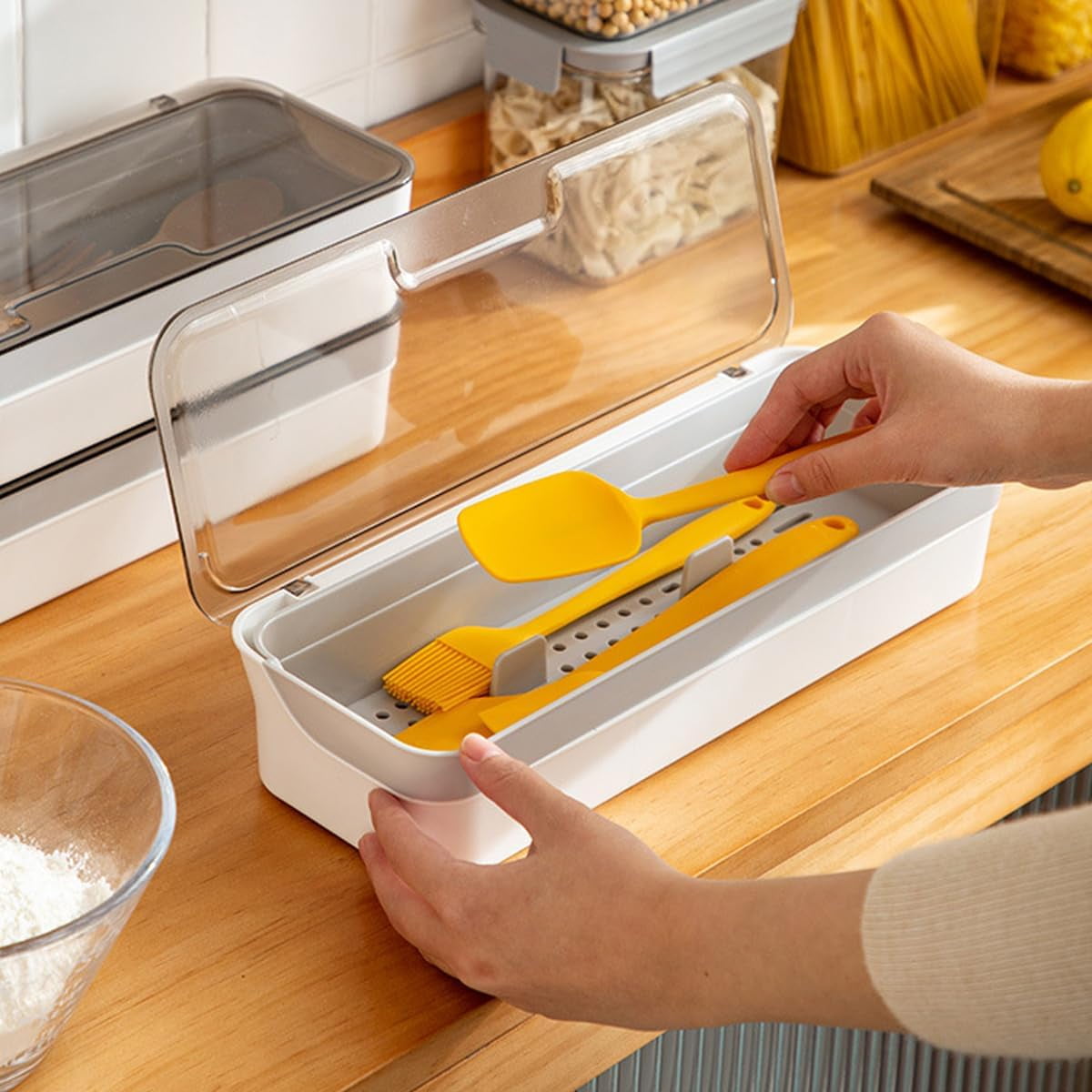 RGHJAR-Large capacity Plastic Kitchen Drawer Organizer with Lid and Drainer Stackable Utensil Holder for Countertop Silverware Tray Flatware Organizers - 12.6x4.7x2.4 Inch Spatula Cutlery Tray
