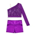 thumbnail image 4 of iiniim Kids Girls Jazz Hip Hop Dance Sequins Mesh Long Sleeve One Shoulder Dance Top with Shorts Purple 12, 4 of 7